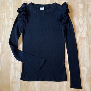 STYLUS Layered Ruffle Shoulder Ribbed Knit Fitted Crewneck Sweater - Black
